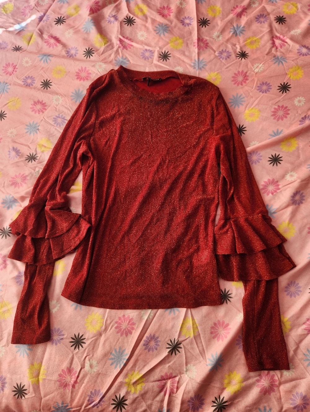 Fashion Nova Metallic Red Long-Sleeve Ruffle-Sleeve Top